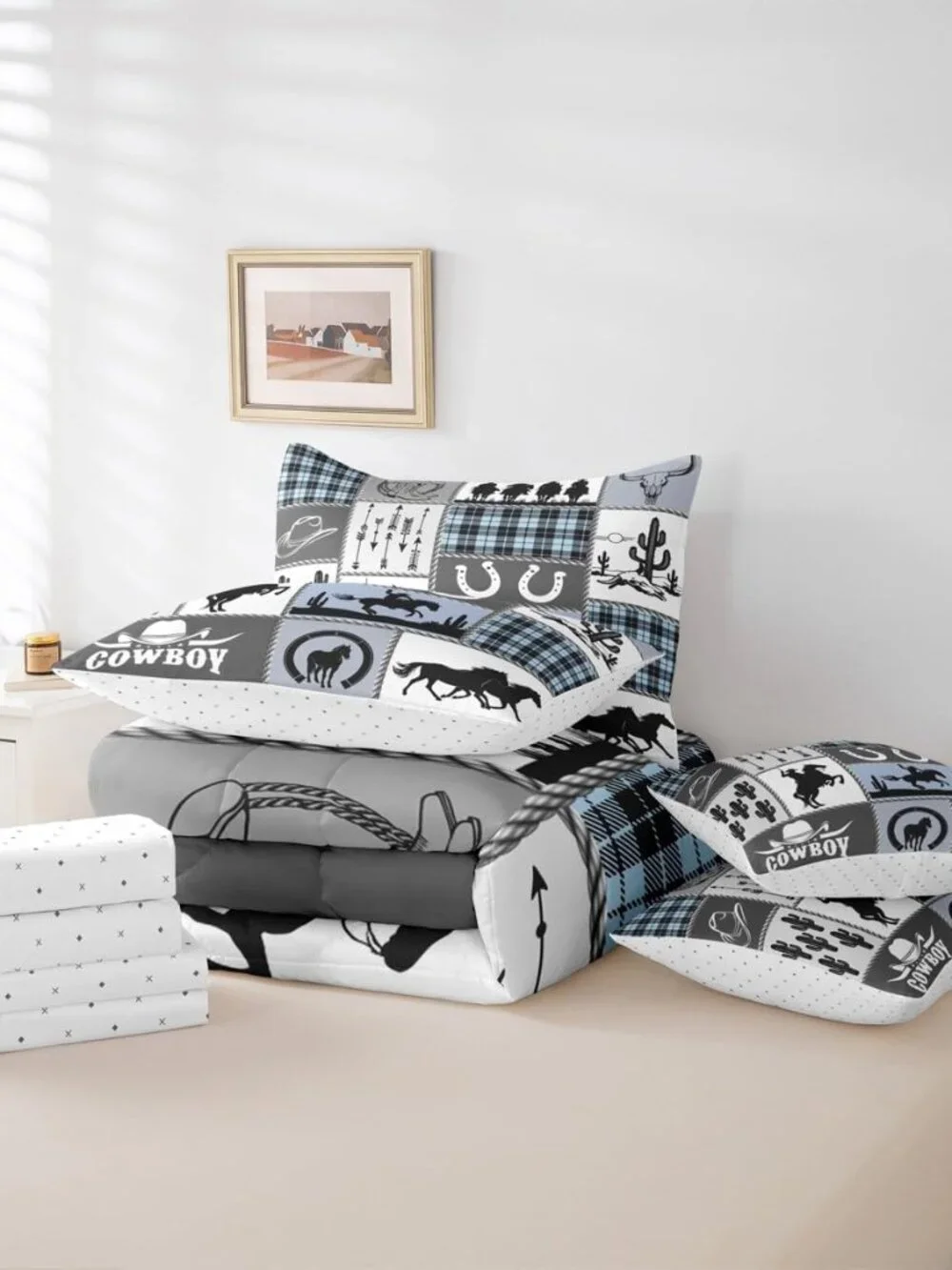 7 Pieces King Size Western Cowboy Kids Comforter Set,Horseshoes Cactus Rustic Fa